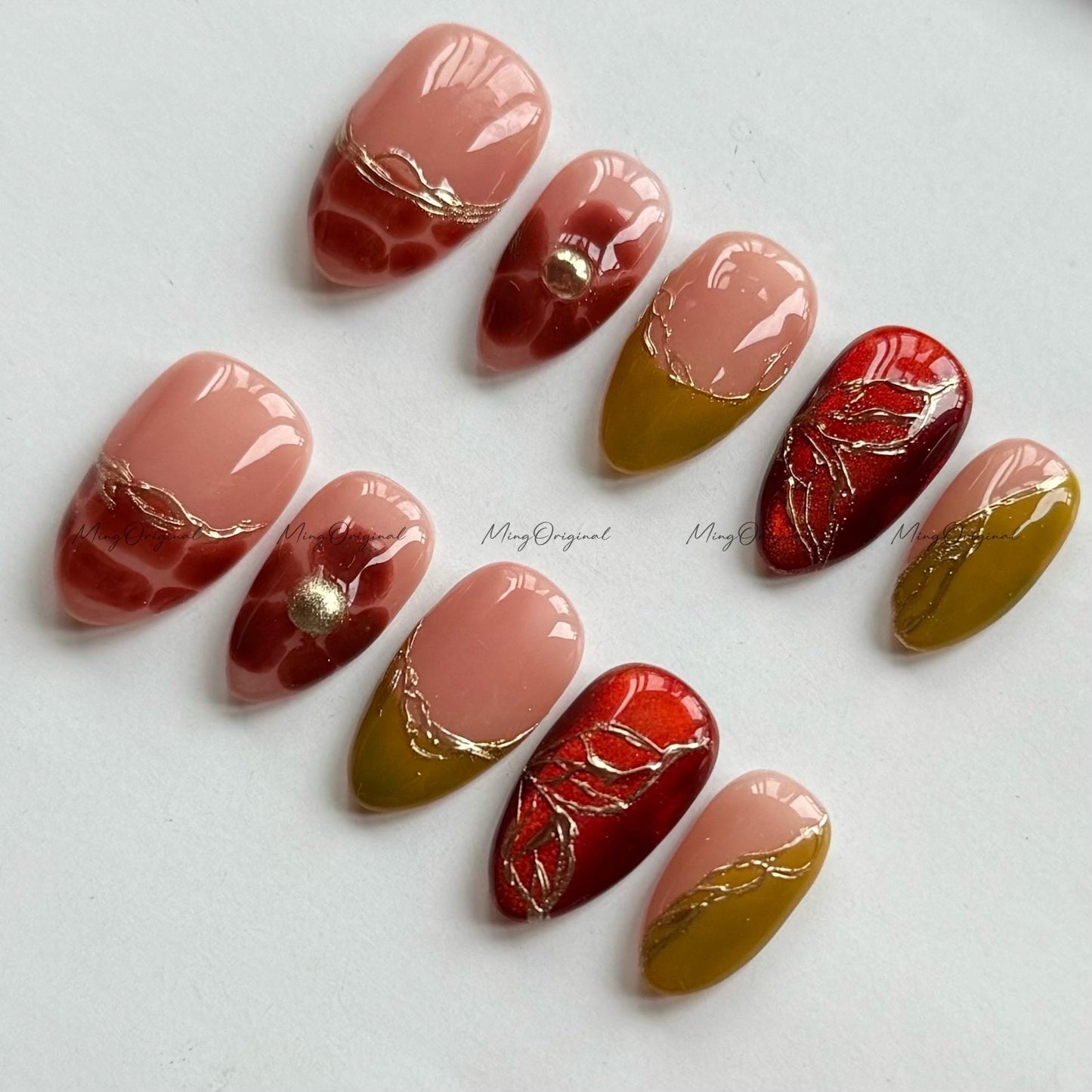 Opulent Blend Nails | Cat Eye Glow, Croc Texture, Amber Layers, Hand Painted Blooming Floral, 3D Gold Accents, French tip, Olive Green,MO597