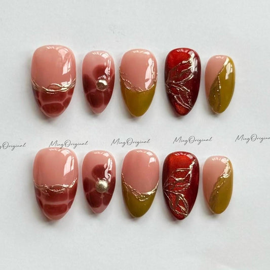 Opulent Blend Nails | Cat Eye Glow, Croc Texture, Amber Layers, Hand Painted Blooming Floral, 3D Gold Accents, French tip, Olive Green,MO597