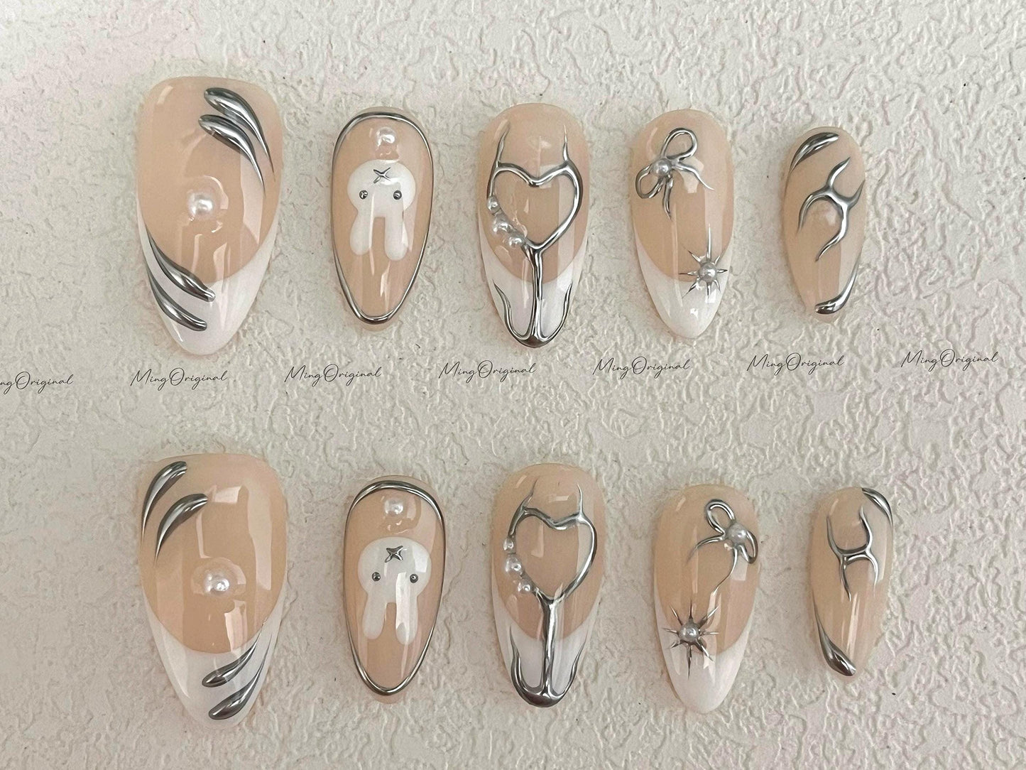 Cream Metal Bunny Press on Nails, 3D Metallic Silver Chrome, Heart Flame, Abstract Bows, Pearl Accents, Sculptural Nude Gift for Her, MO598