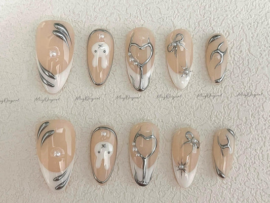 Cream Metal Bunny Press on Nails, 3D Metallic Silver Chrome, Heart Flame, Abstract Bows, Pearl Accents, Sculptural Nude Gift for Her, MO598