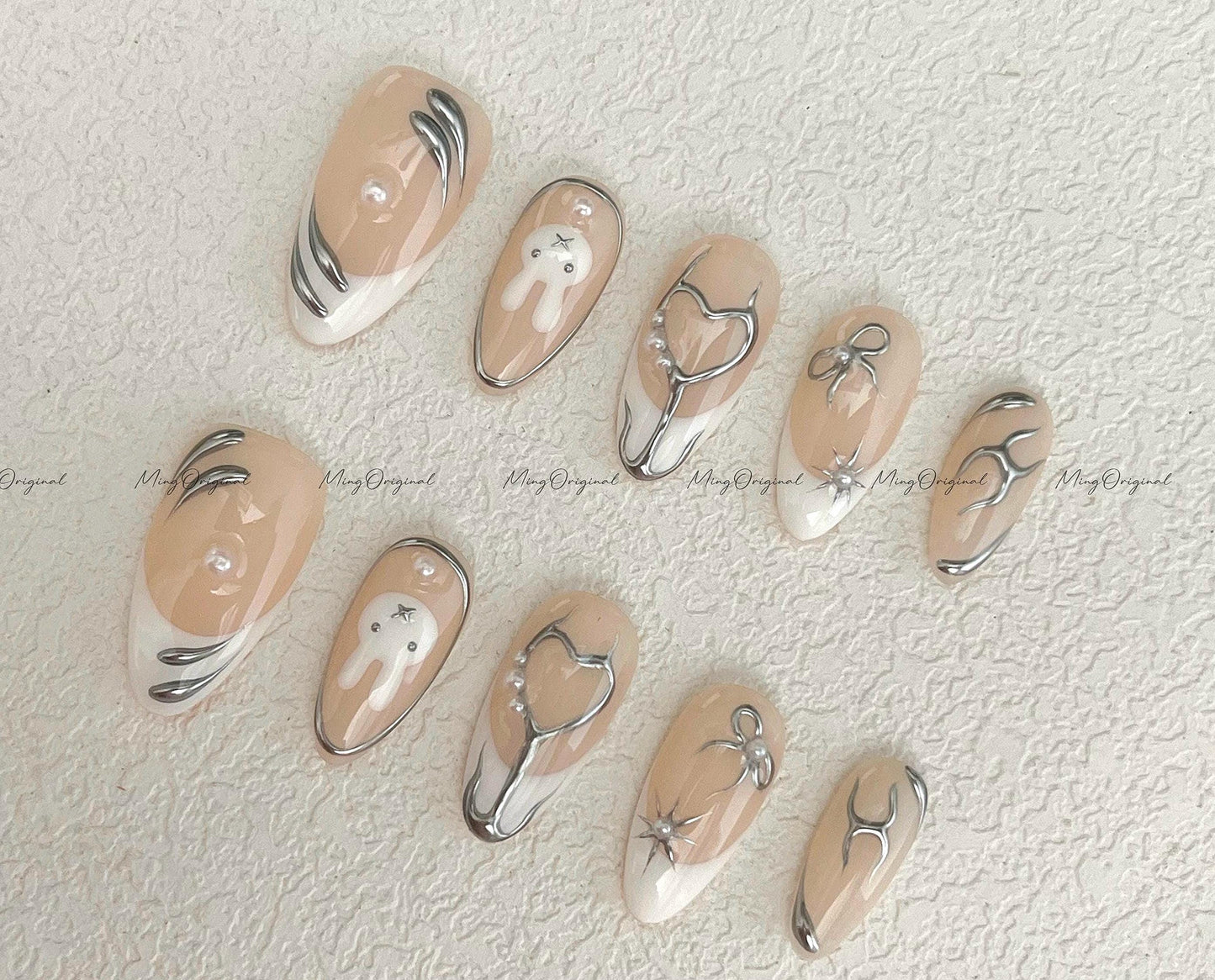 Cream Metal Bunny Press on Nails, 3D Metallic Silver Chrome, Heart Flame, Abstract Bows, Pearl Accents, Sculptural Nude Gift for Her, MO598