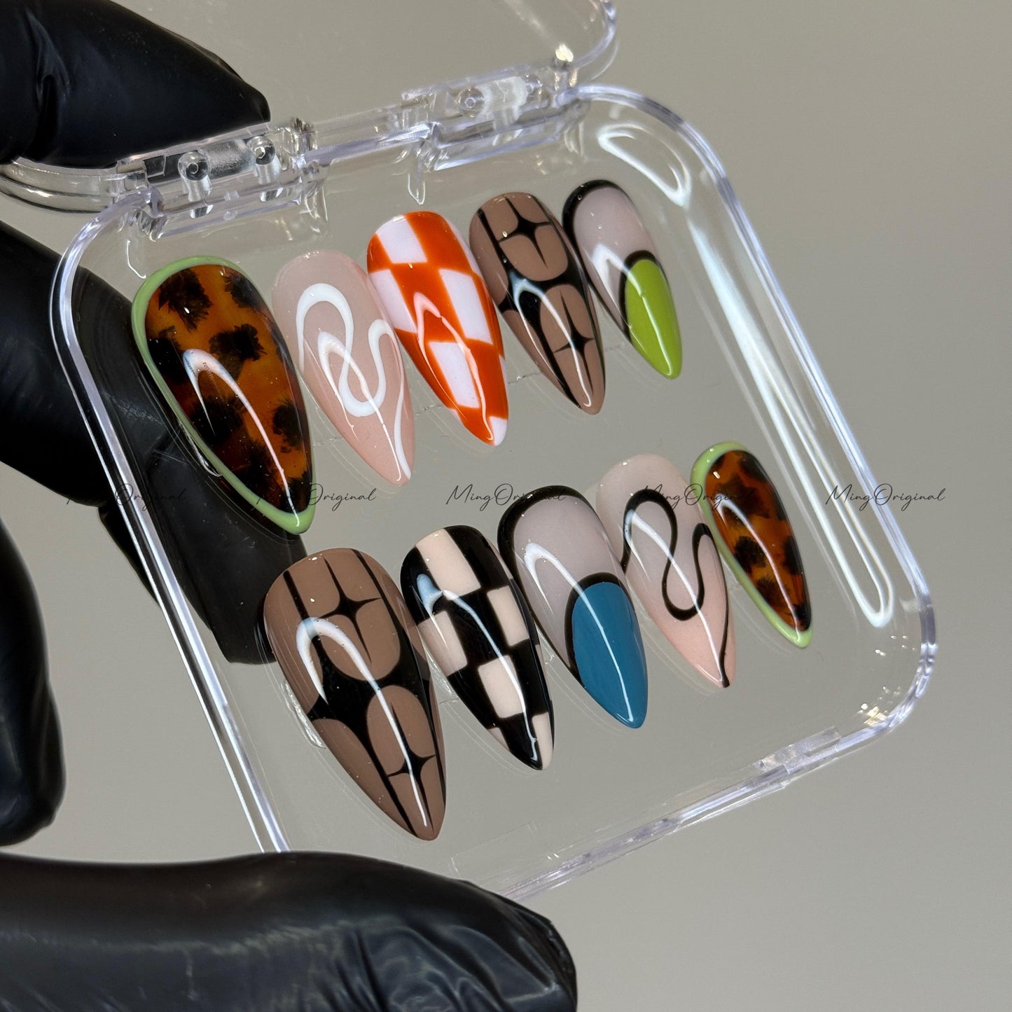 Funky Loop | Colorful Y2K Press On Nails, Abstract French Tips, Checkered & Tortoise Shell Design, Hand Painted Retro Nail Art, MO576