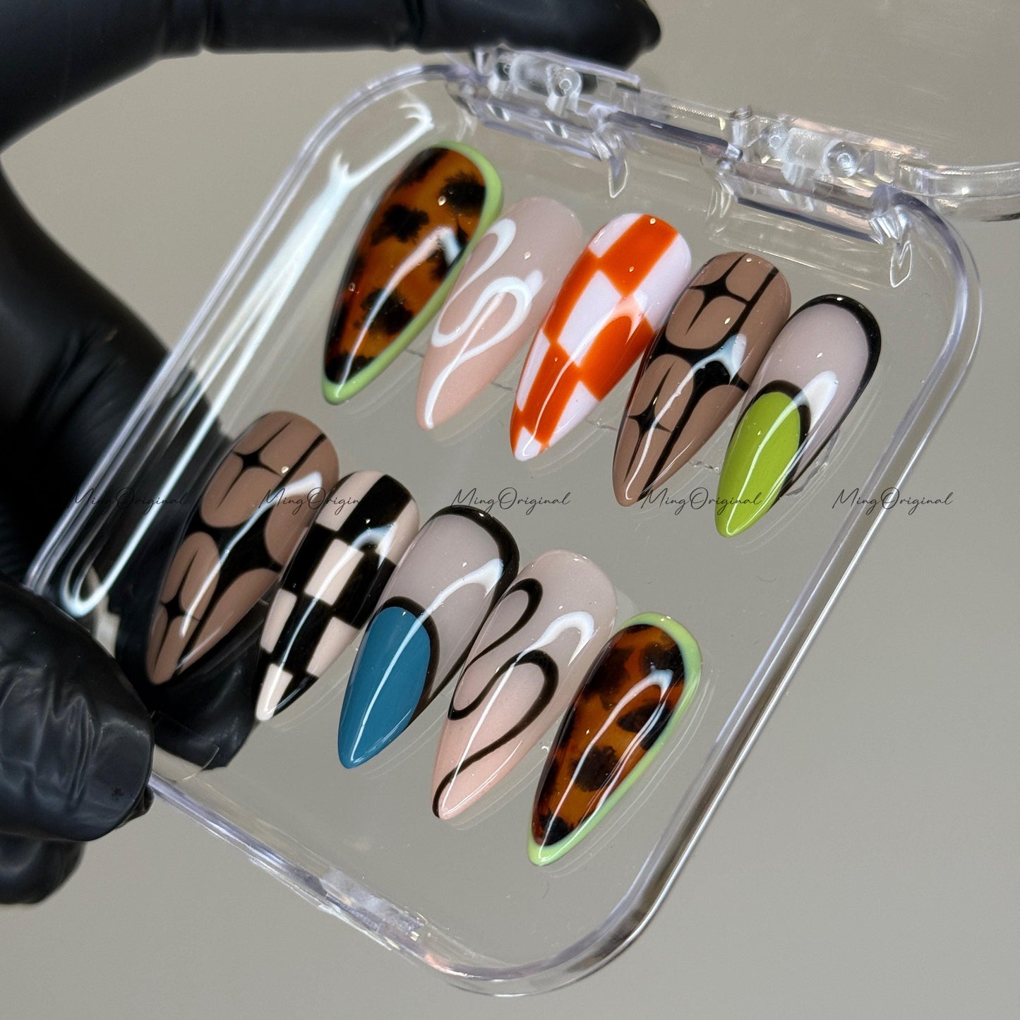 Funky Loop | Colorful Y2K Press On Nails, Abstract French Tips, Checkered & Tortoise Shell Design, Hand Painted Retro Nail Art, MO576