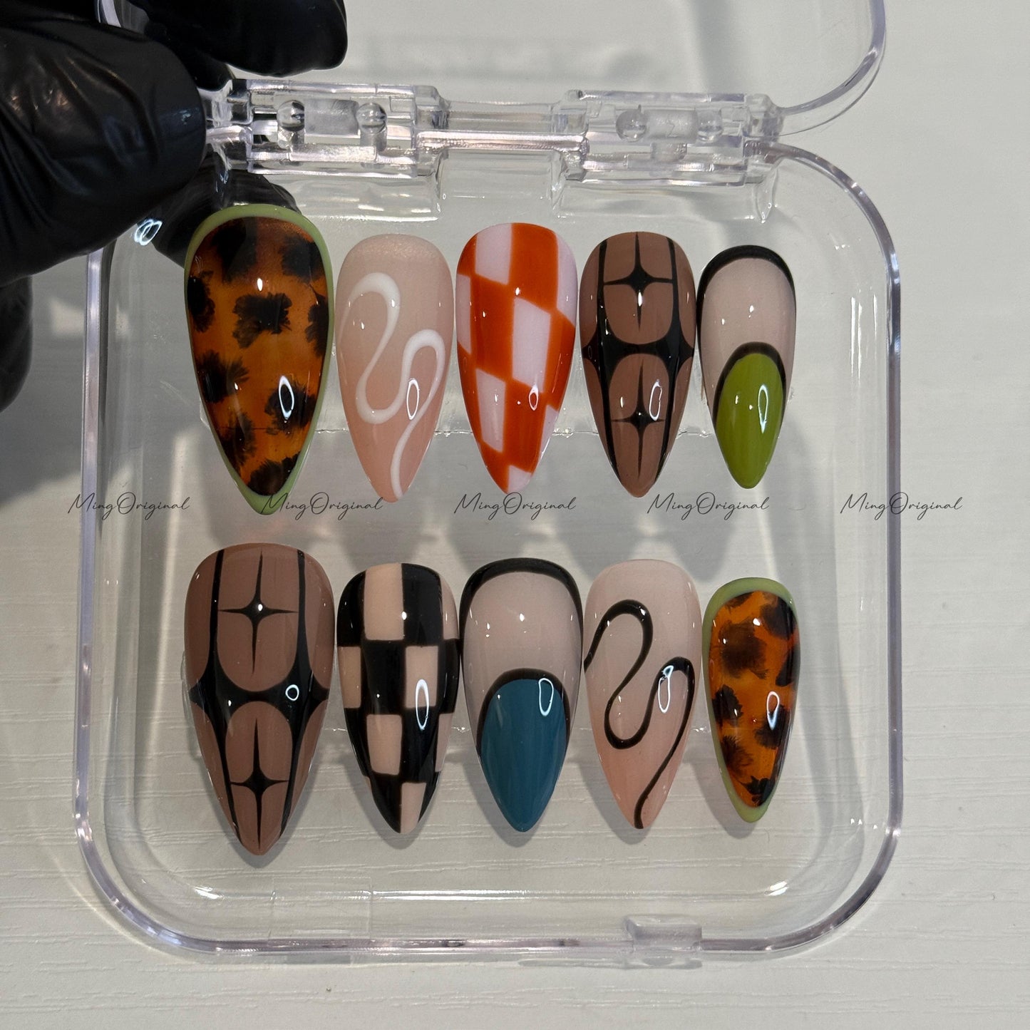 Funky Loop | Colorful Y2K Press On Nails, Abstract French Tips, Checkered & Tortoise Shell Design, Hand Painted Retro Nail Art, MO576
