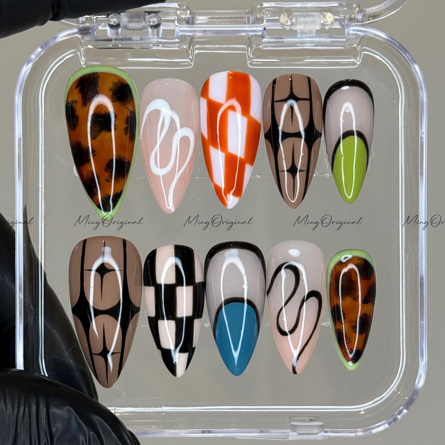 Funky Loop | Colorful Y2K Press On Nails, Abstract French Tips, Checkered & Tortoise Shell Design, Hand Painted Retro Nail Art, MO576