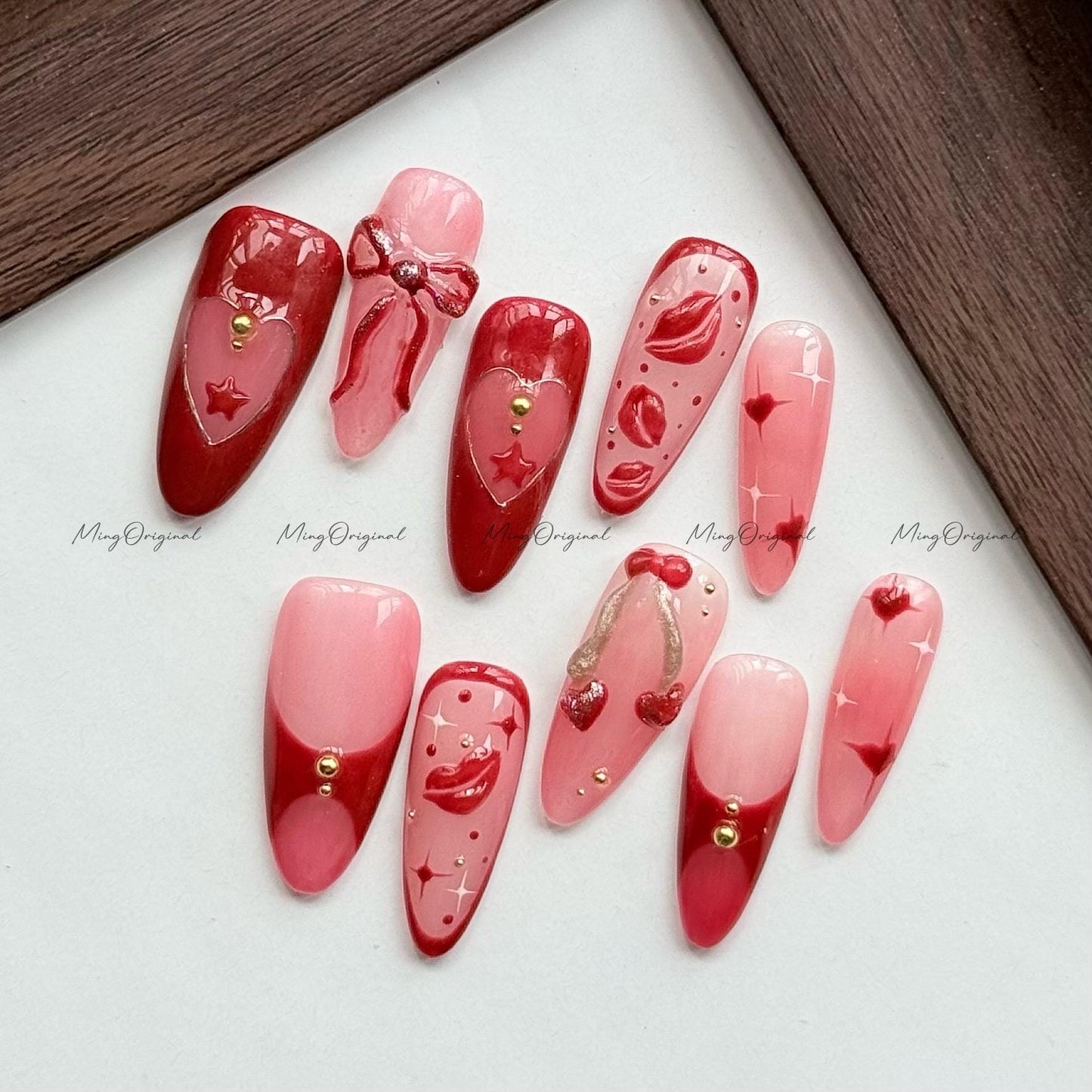 Love Note Press on Nails, Glossy Red Lips, Jelly Hearts, Sweet Blush Bows, Hand Drawn Kiss Details, Romance-Inspired Valentines Gift, MO599