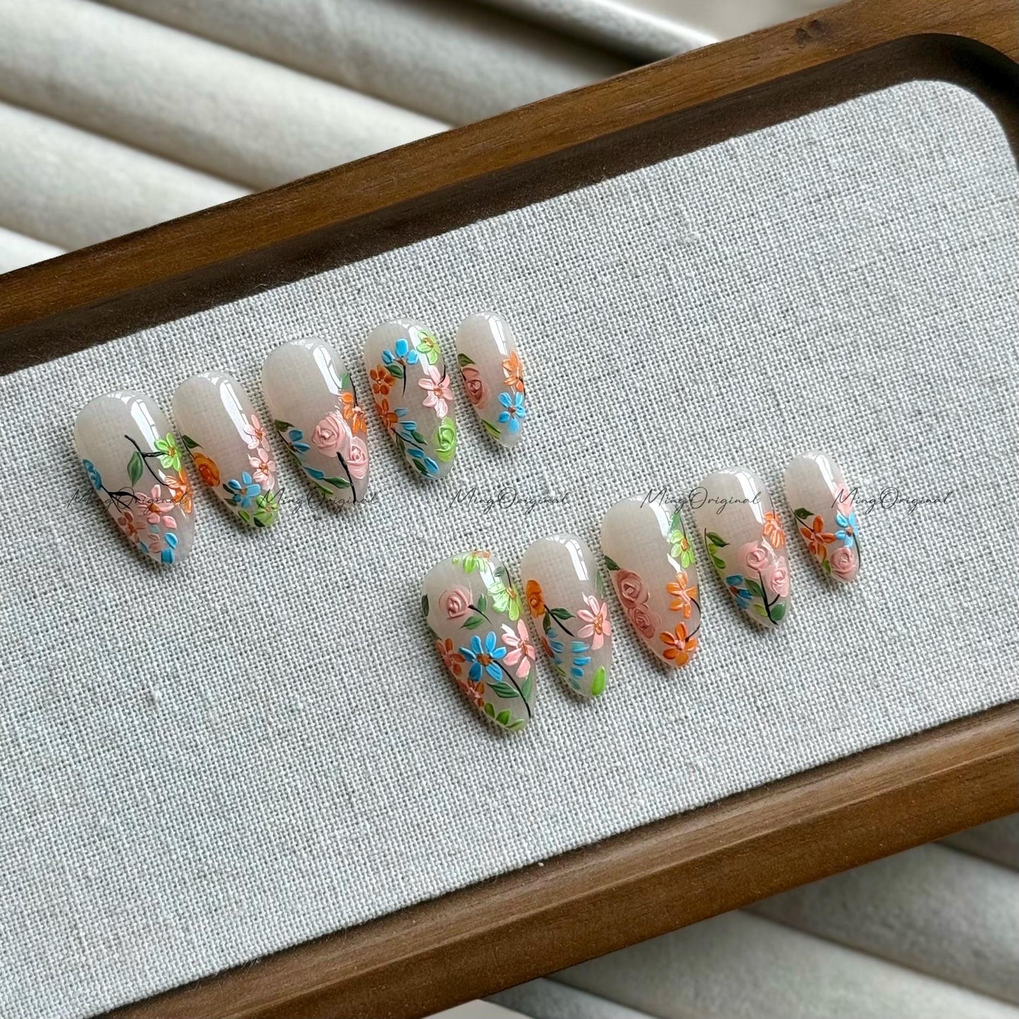 Blooming wild little daisy flower Press on Nails, handpainted oil painting style floral Nails, Handmade Gel Nails, bridal wedding nail,MO600