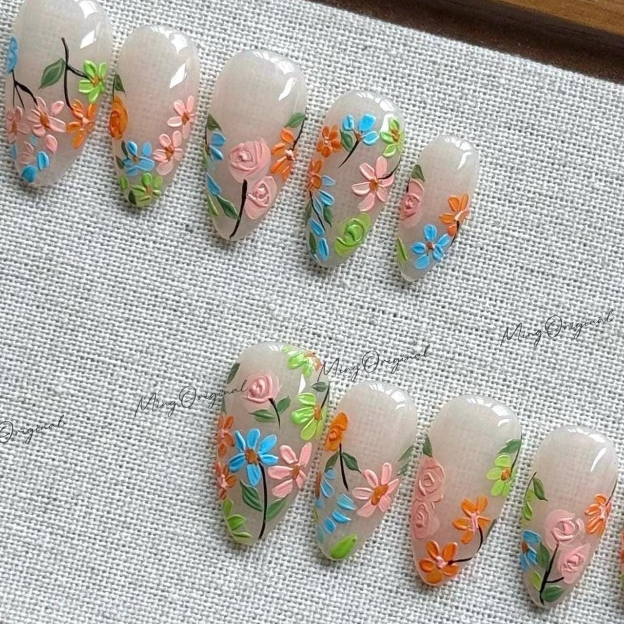 Blooming wild little daisy flower Press on Nails, handpainted oil painting style floral Nails, Handmade Gel Nails, bridal wedding nail,MO600