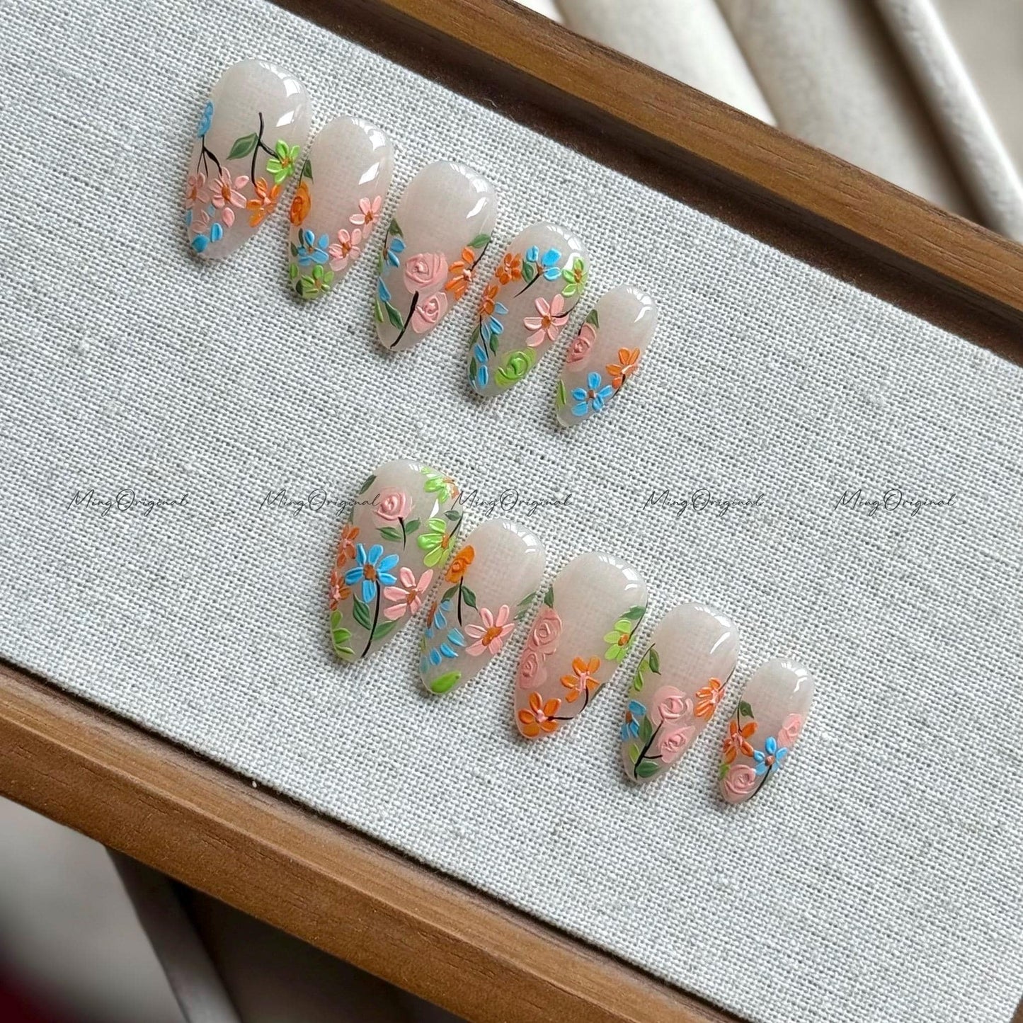 Blooming wild little daisy flower Press on Nails, handpainted oil painting style floral Nails, Handmade Gel Nails, bridal wedding nail,MO600