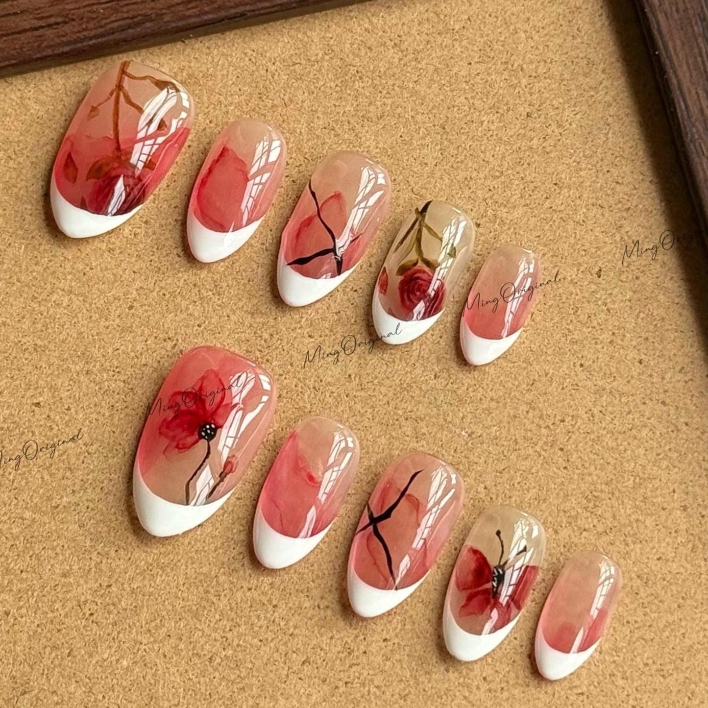 Water color Red Rose Flowerand butterfly art nail, French tip nail, premium salon Press on Nail, Handmade gel Nails, hand painted MO577