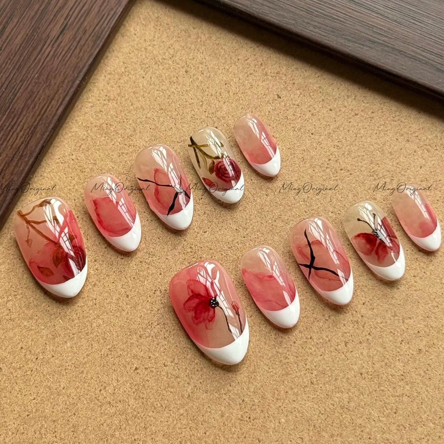 Water color Red Rose Flowerand butterfly art nail, French tip nail, premium salon Press on Nail, Handmade gel Nails, hand painted MO577