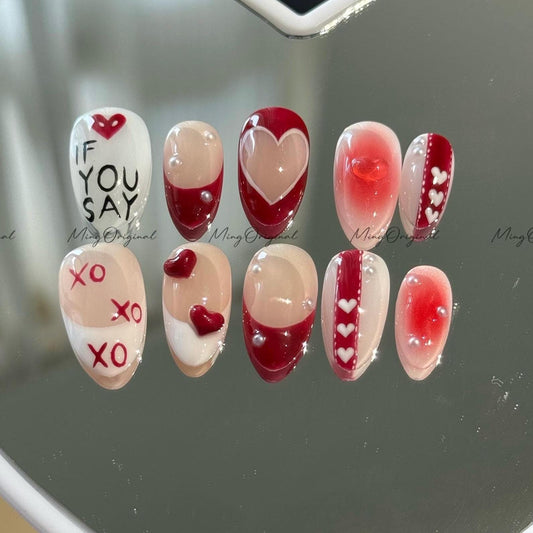 Love Letter Motif Press on Nail, If You Say, Jelly Heart, XO Details, Blush Pink and Red Mix,Playful Meaningful Valentine Gift for Her,MO602