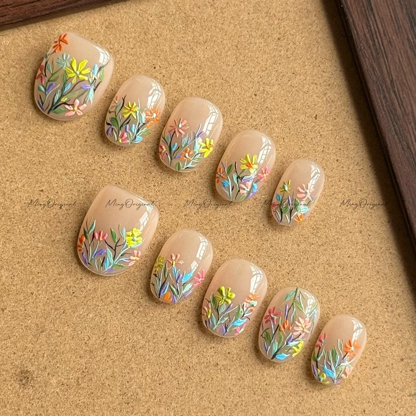 Blooming wild little daisy flower Press on Nails, handpainted oil painting style floral Nails, Handmade Gel Nails, bridal wedding nail,MO579