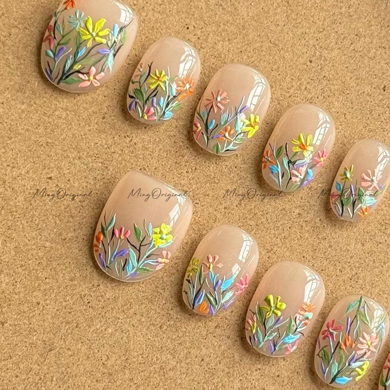 Blooming wild little daisy flower Press on Nails, handpainted oil painting style floral Nails, Handmade Gel Nails, bridal wedding nail,MO579