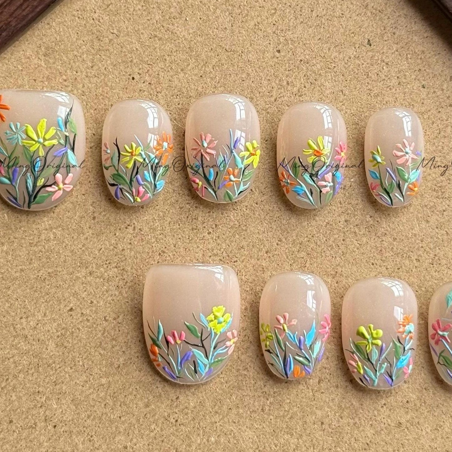 Blooming wild little daisy flower Press on Nails, handpainted oil painting style floral Nails, Handmade Gel Nails, bridal wedding nail,MO579