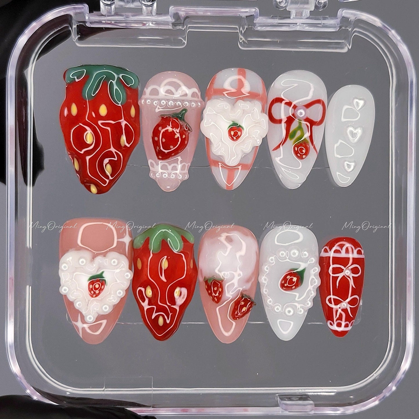 Strawberry Cake Press on Nails, Whipped Cream Mini Strawberries, Red Jelly Base, 3D Sweet Deco Nail Art, Fruit Lover Birthday gift, MO603