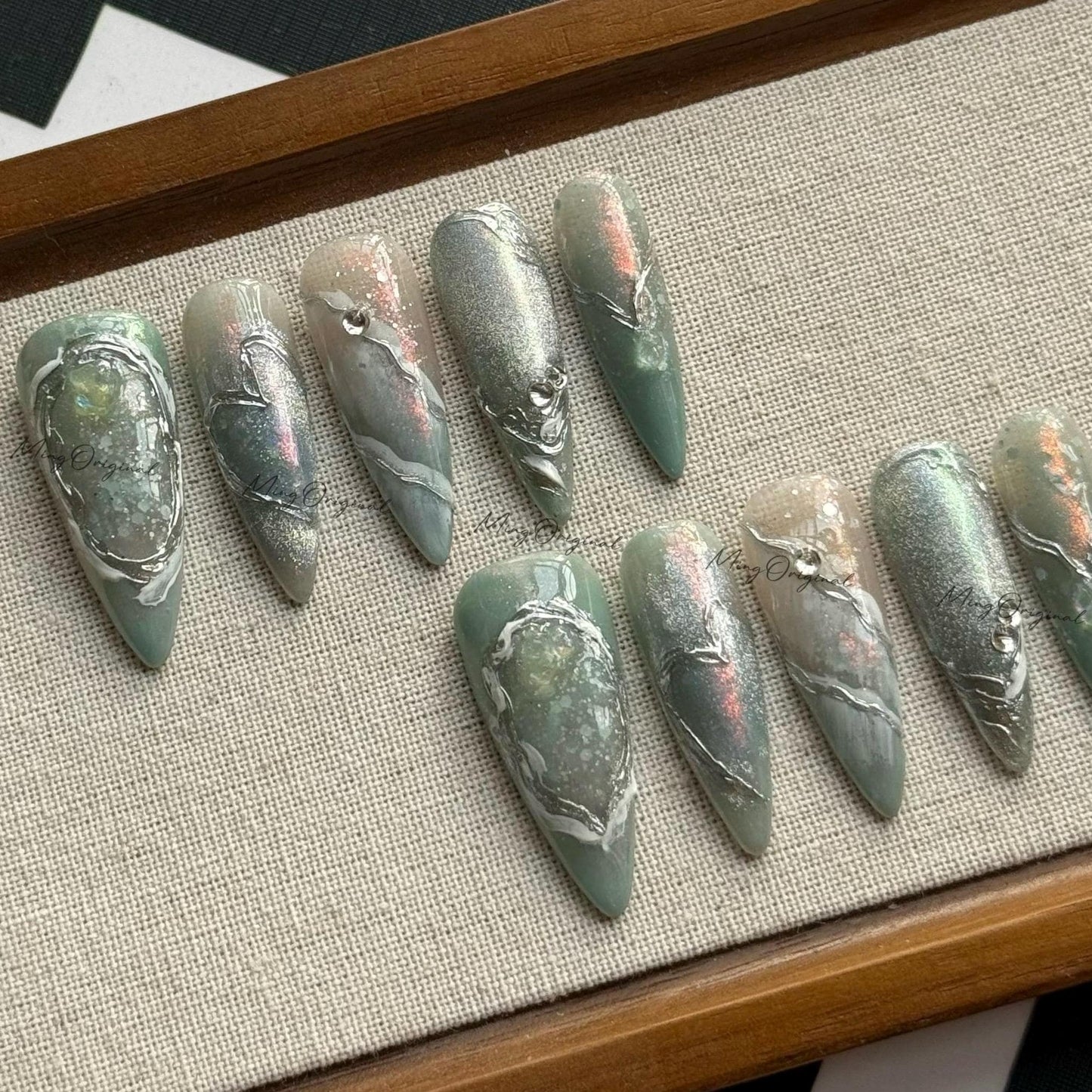 Moonstone Current Art press on nail, nail artist fake nails, heart and pendant ethereal shimmer press ons, sculpted gel nail art,MO580