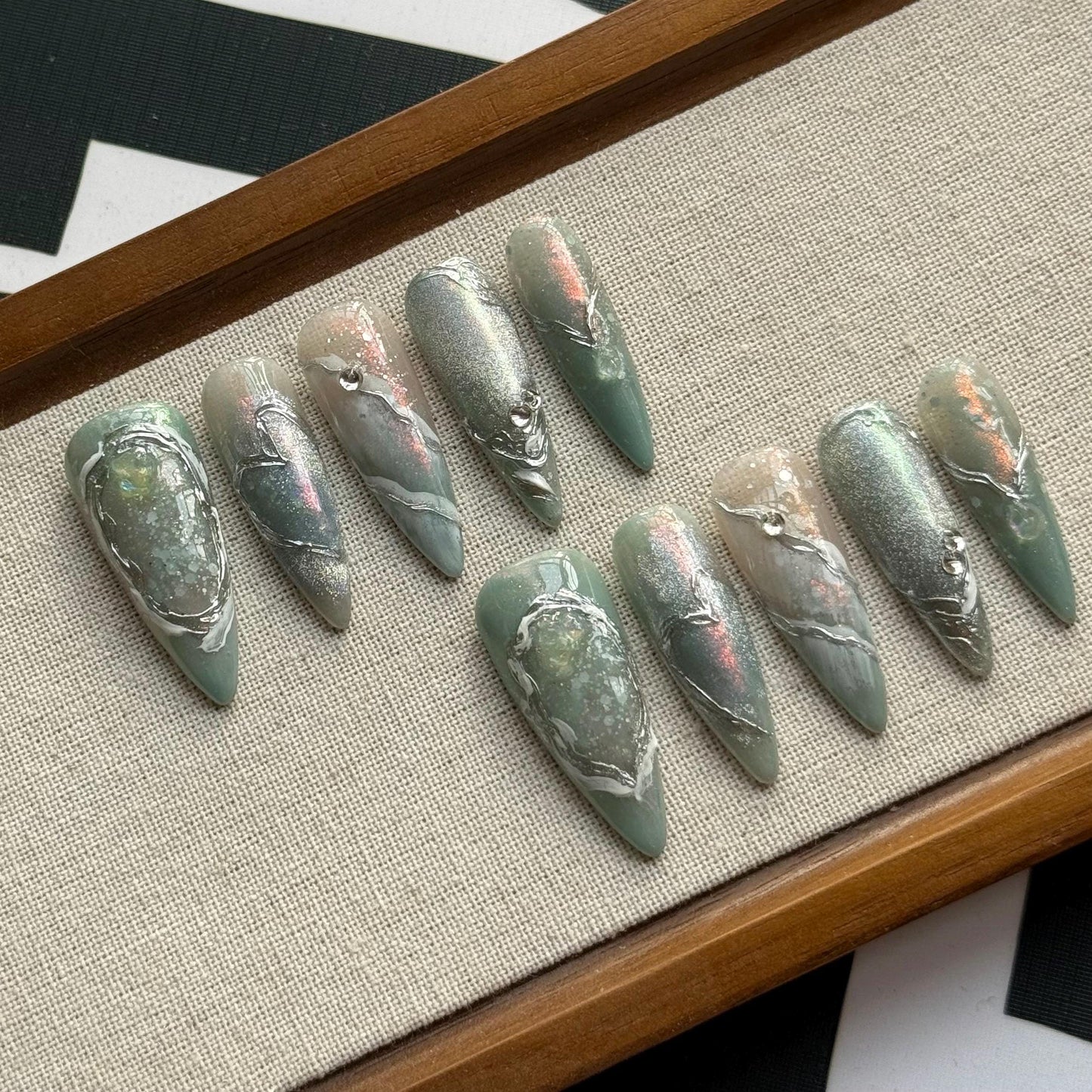 Moonstone Current Art press on nail, nail artist fake nails, heart and pendant ethereal shimmer press ons, sculpted gel nail art,MO580