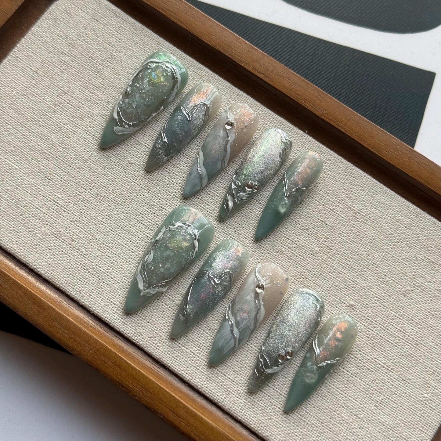 Moonstone Current Art press on nail, nail artist fake nails, heart and pendant ethereal shimmer press ons, sculpted gel nail art,MO580