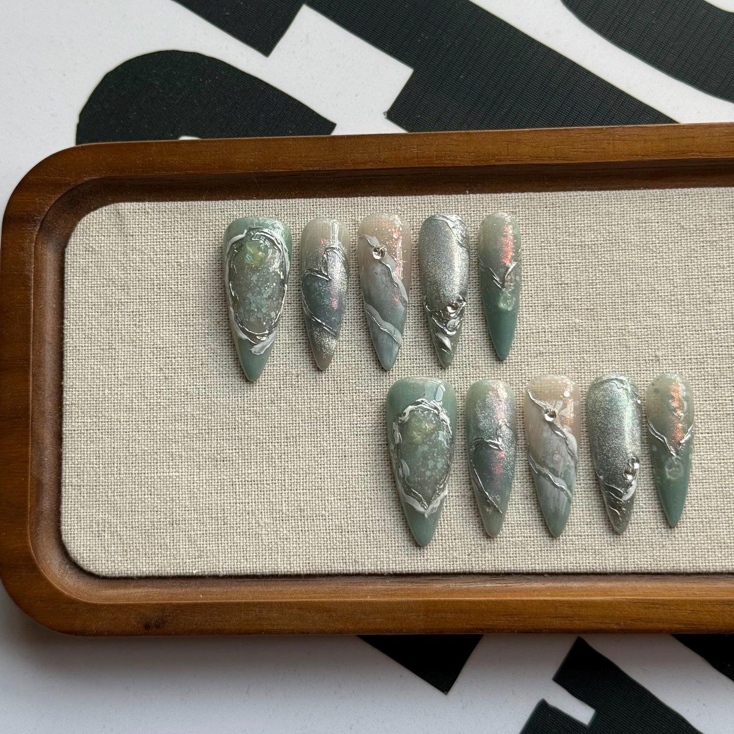 Moonstone Current Art press on nail, nail artist fake nails, heart and pendant ethereal shimmer press ons, sculpted gel nail art,MO580