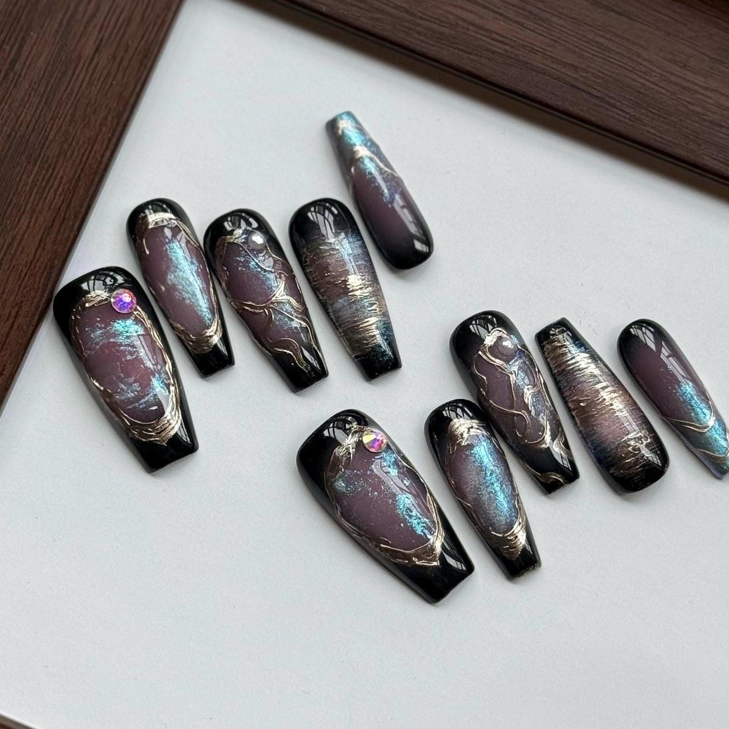 Obsidian Rift Galaxy black chrome art press on nail, nail artist fake nails,  ethereal blue aura shimmer press ons, gift for her, MO582