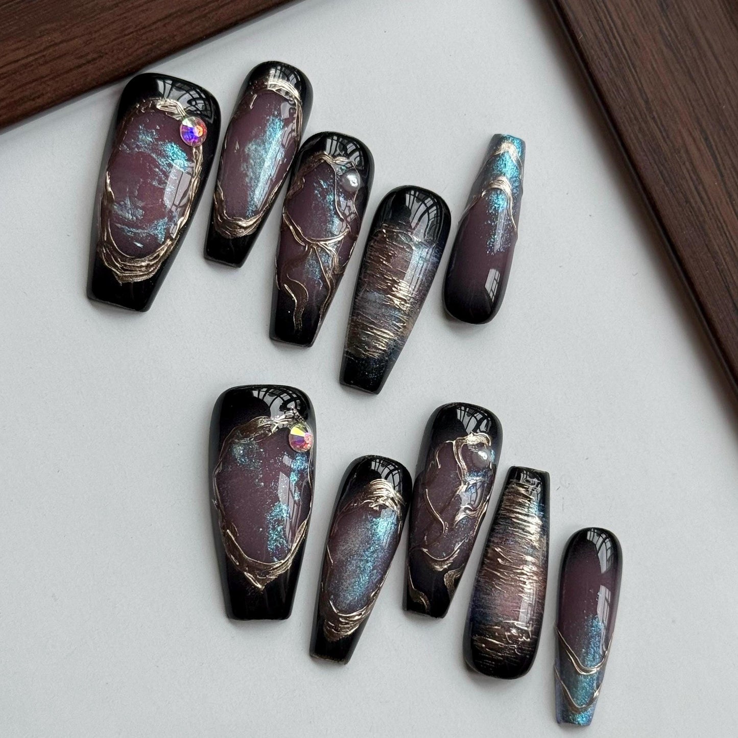 Obsidian Rift Galaxy black chrome art press on nail, nail artist fake nails,  ethereal blue aura shimmer press ons, gift for her, MO582