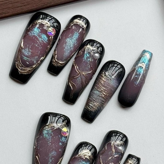 Obsidian Rift Galaxy black chrome art press on nail, nail artist fake nails,  ethereal blue aura shimmer press ons, gift for her, MO582