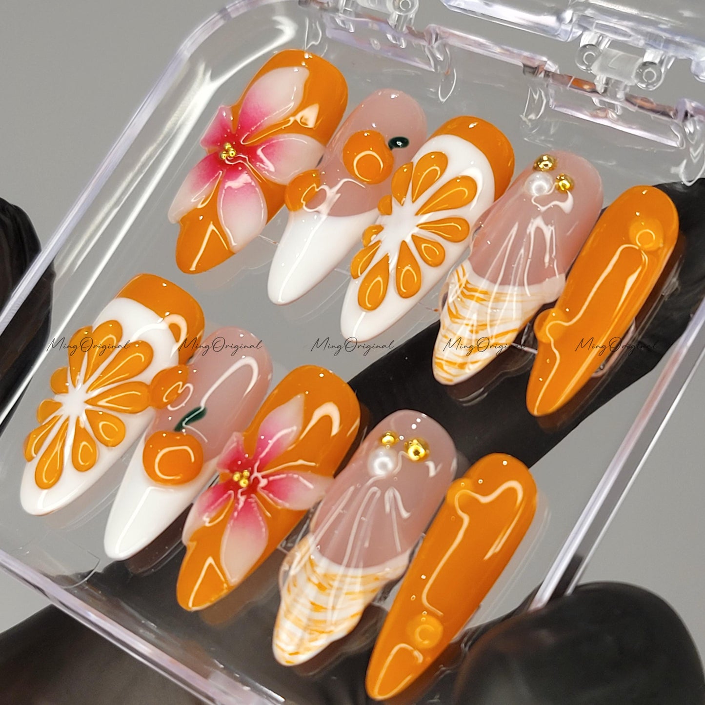 Summer Juicy Orange Fruit Lover press on nails, 3D Pink Flower Fresh Look Candy Color Gifts for Her, MO605
