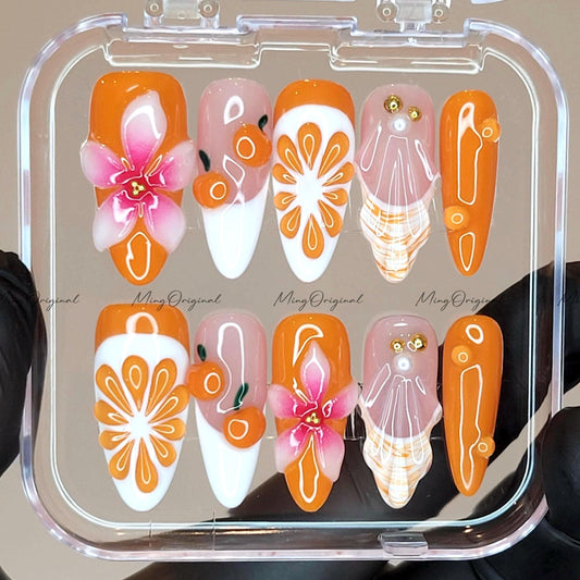 Summer Juicy Orange Fruit Lover press on nails, 3D Pink Flower Fresh Look Candy Color Gifts for Her, MO605
