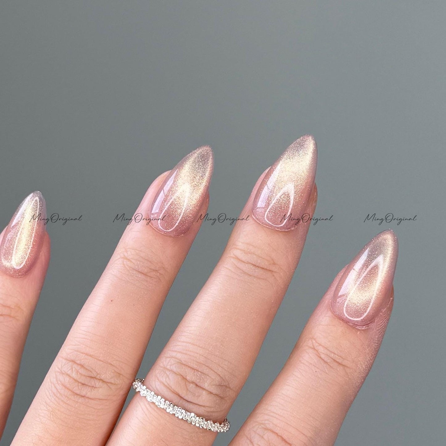 Simple see through super pale nude purple tone glass look cat eye, semitransparent magnetic cat eye press on nails, glitter fake nail, MO583