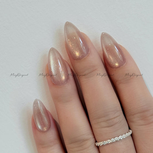 Simple see through super pale nude purple tone glass look cat eye, semitransparent magnetic cat eye press on nails, glitter fake nail, MO583
