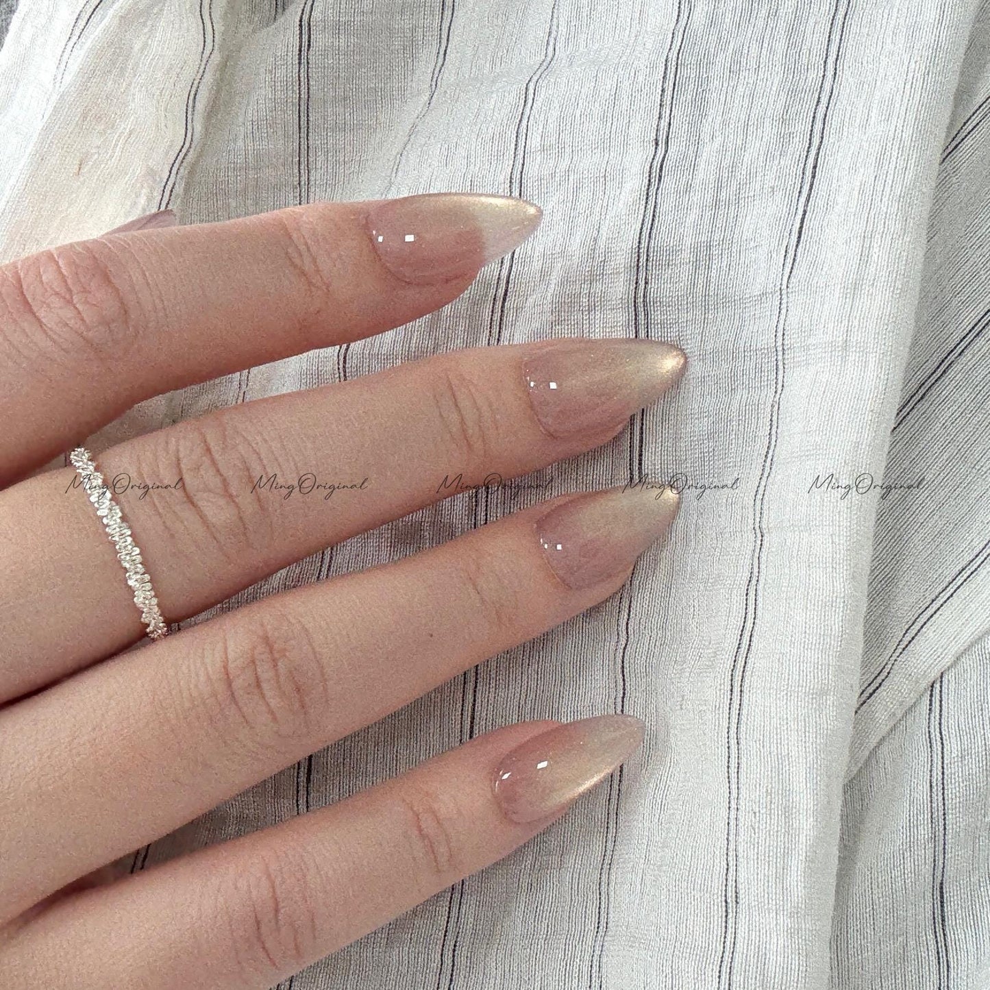 Simple see through super pale nude purple tone glass look cat eye, semitransparent magnetic cat eye press on nails, glitter fake nail, MO583