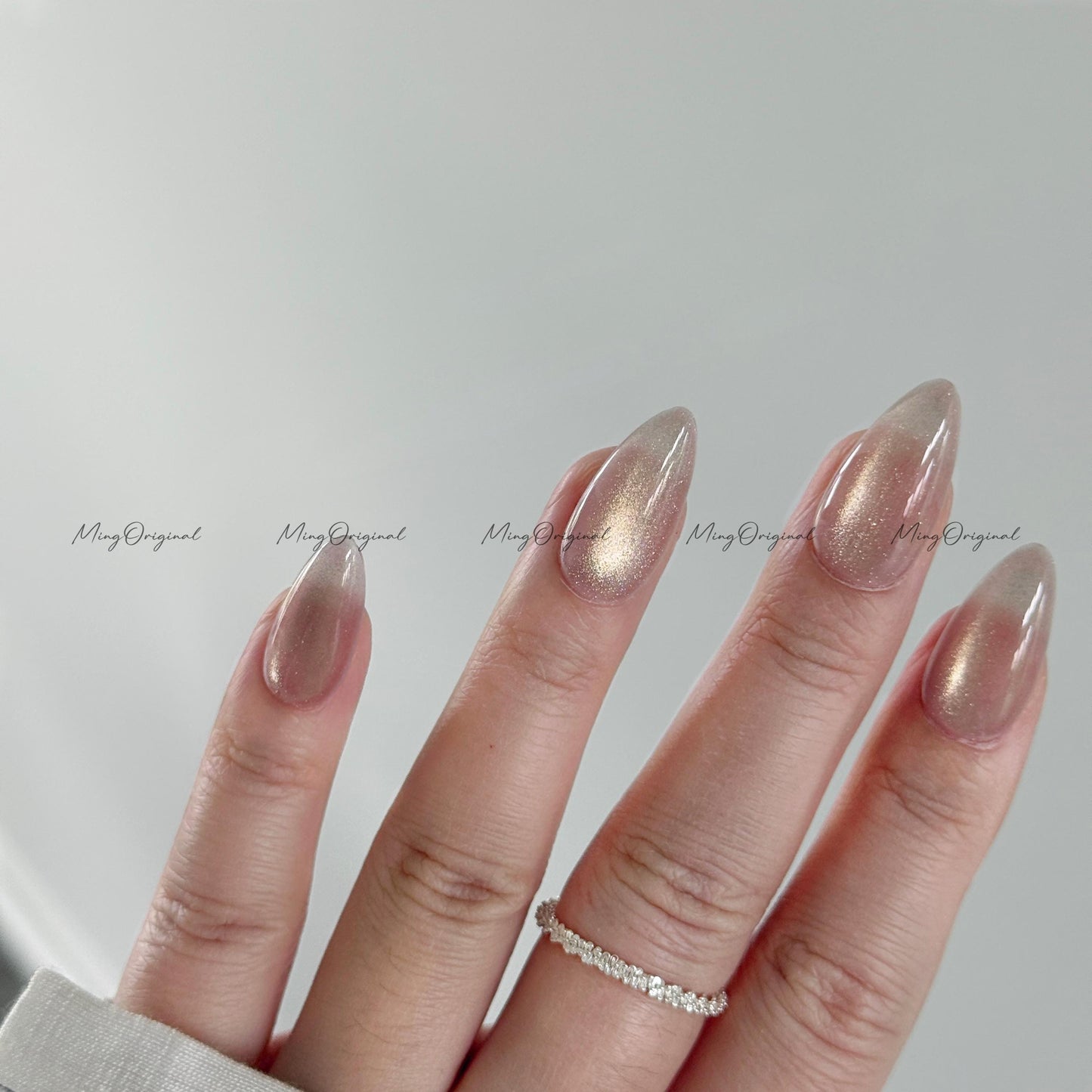 Simple see through super pale nude purple tone glass look cat eye, semitransparent magnetic cat eye press on nails, glitter fake nail, MO583