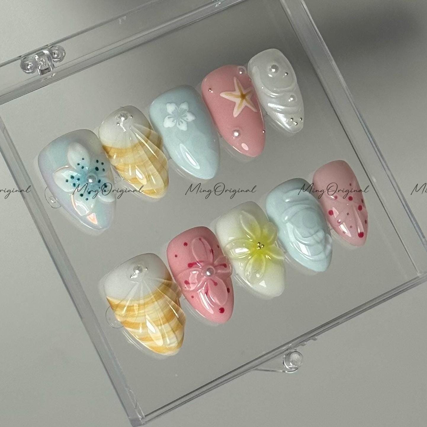 Seashell Press On Nail, 3D Summer Beach Jelly Flowers, Starfish, Ocean Pastel Color, Hand-painted Nail Art, vacation holiday gift,MO585