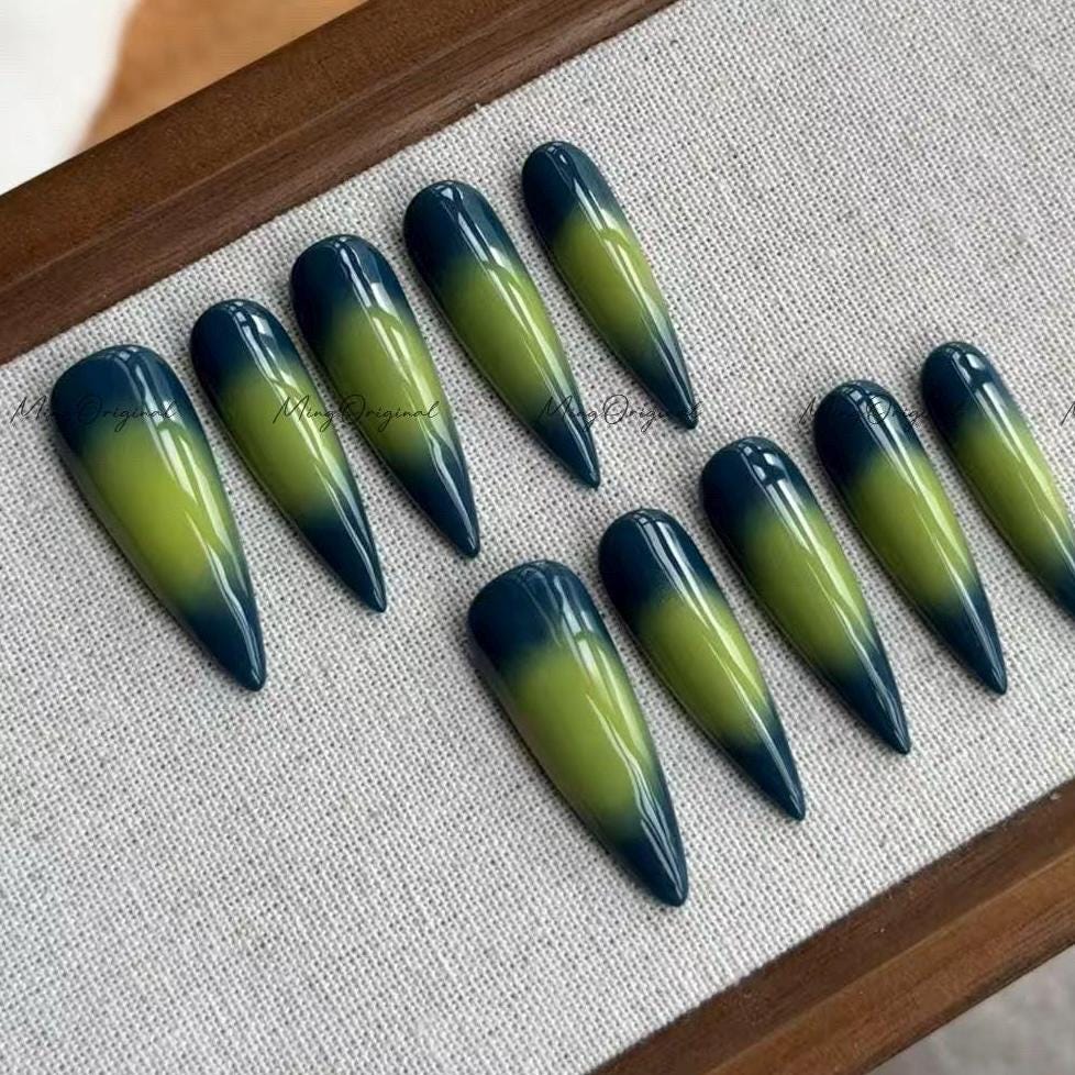 Neon ombré faded green press on nail, colorful summer vibe nails, vacation gift for her MO586