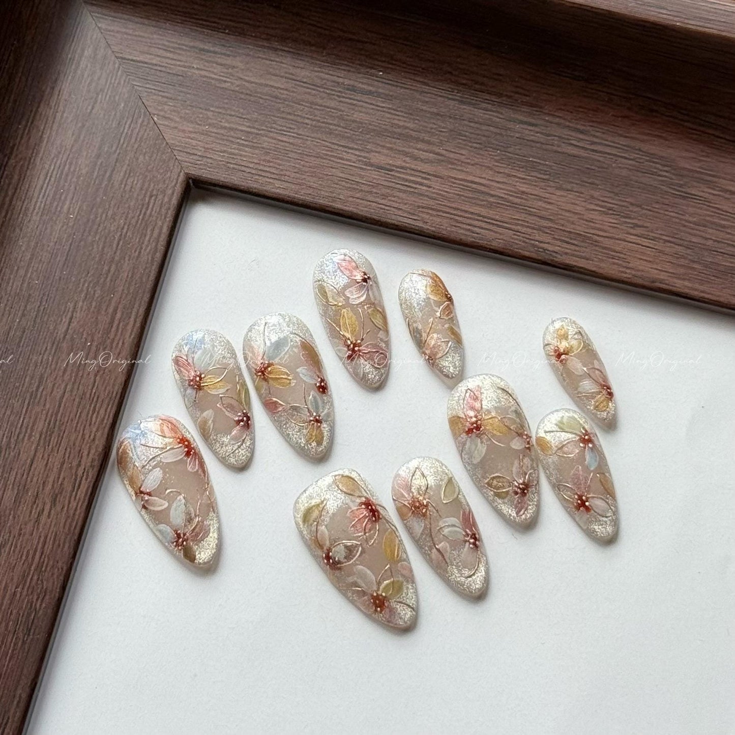 Pressed Floral in Bloom(Version 2) Hand-painted layered flowers, intricate design, gold accents, Japanese art nails, gift for mother, MO587