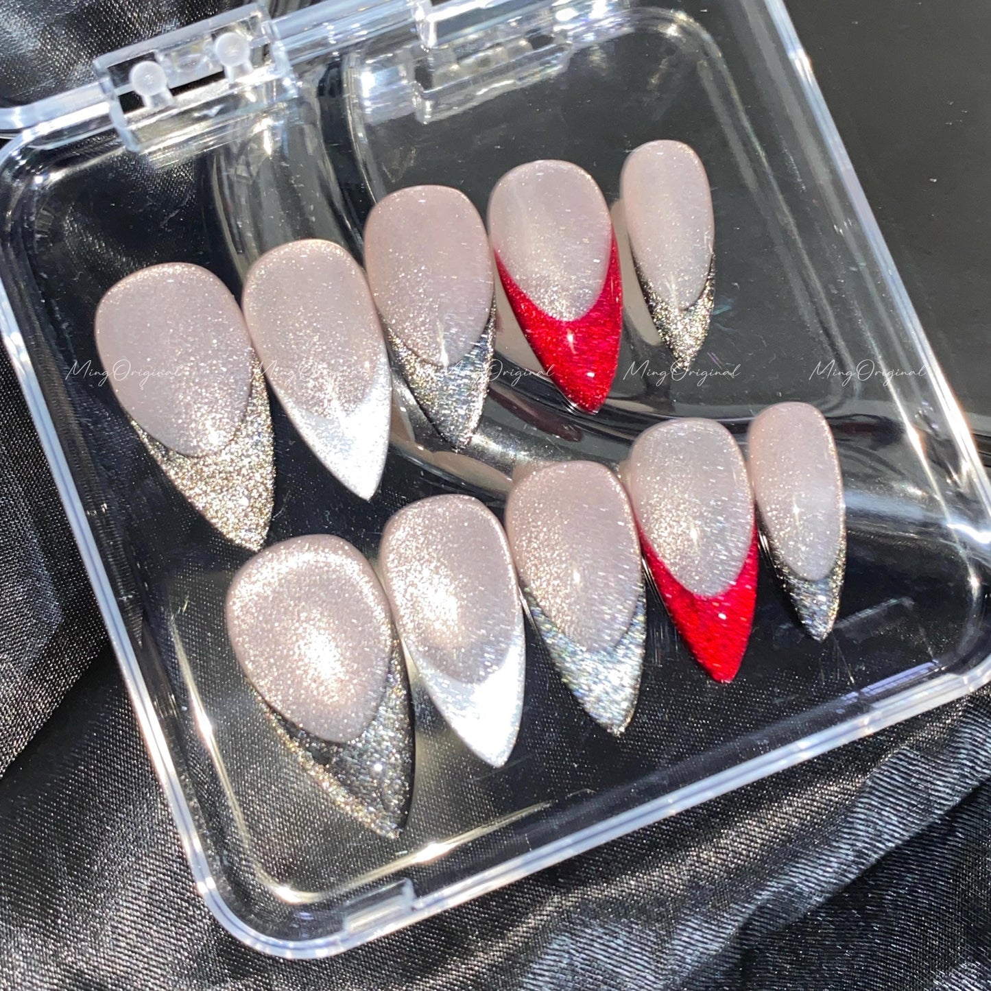 Midnight Deep black and silver cateye glitter French tips with bold red flame accent, nude cat eye base, glue on nail, gift for her,MO609