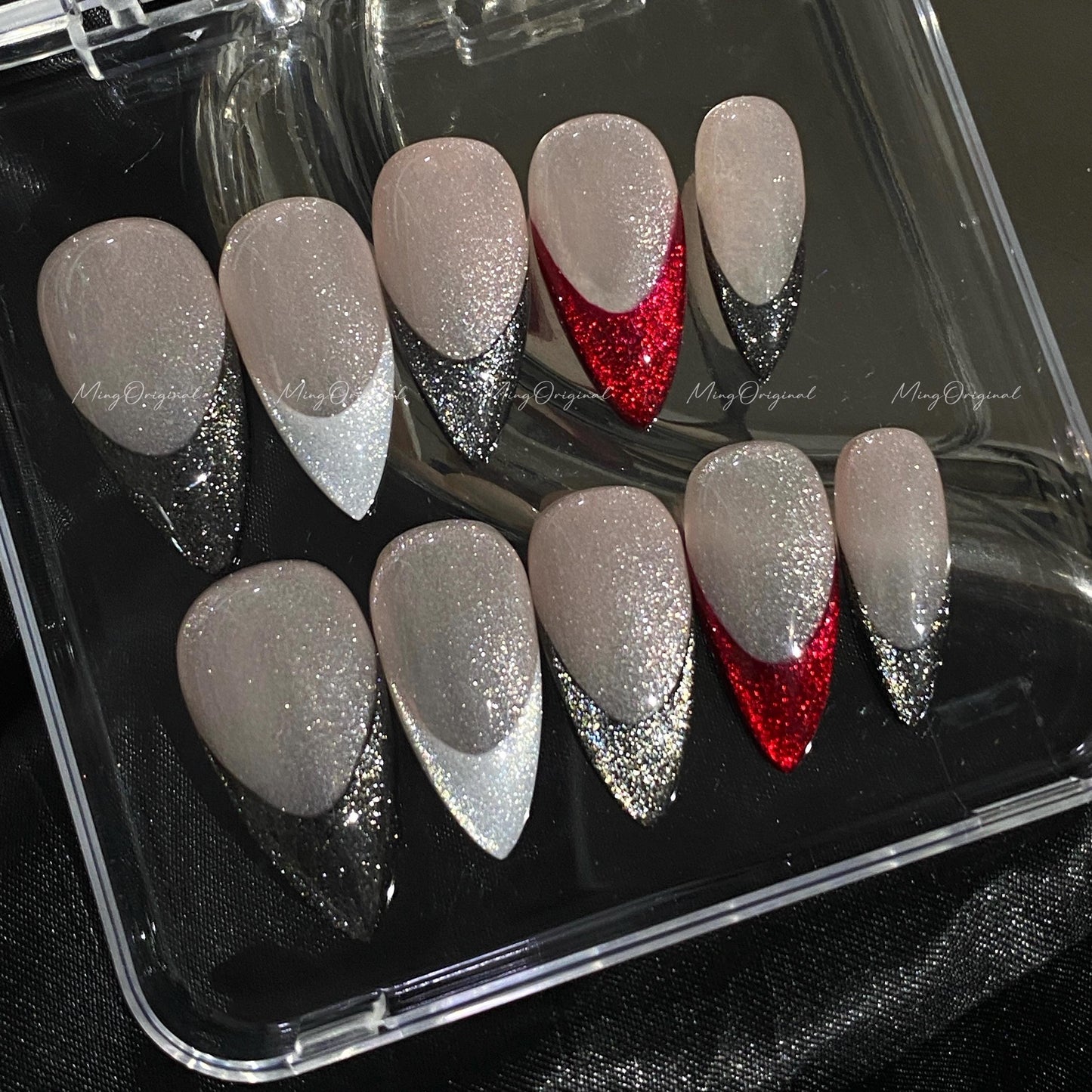 Midnight Deep black and silver cateye glitter French tips with bold red flame accent, nude cat eye base, glue on nail, gift for her,MO609