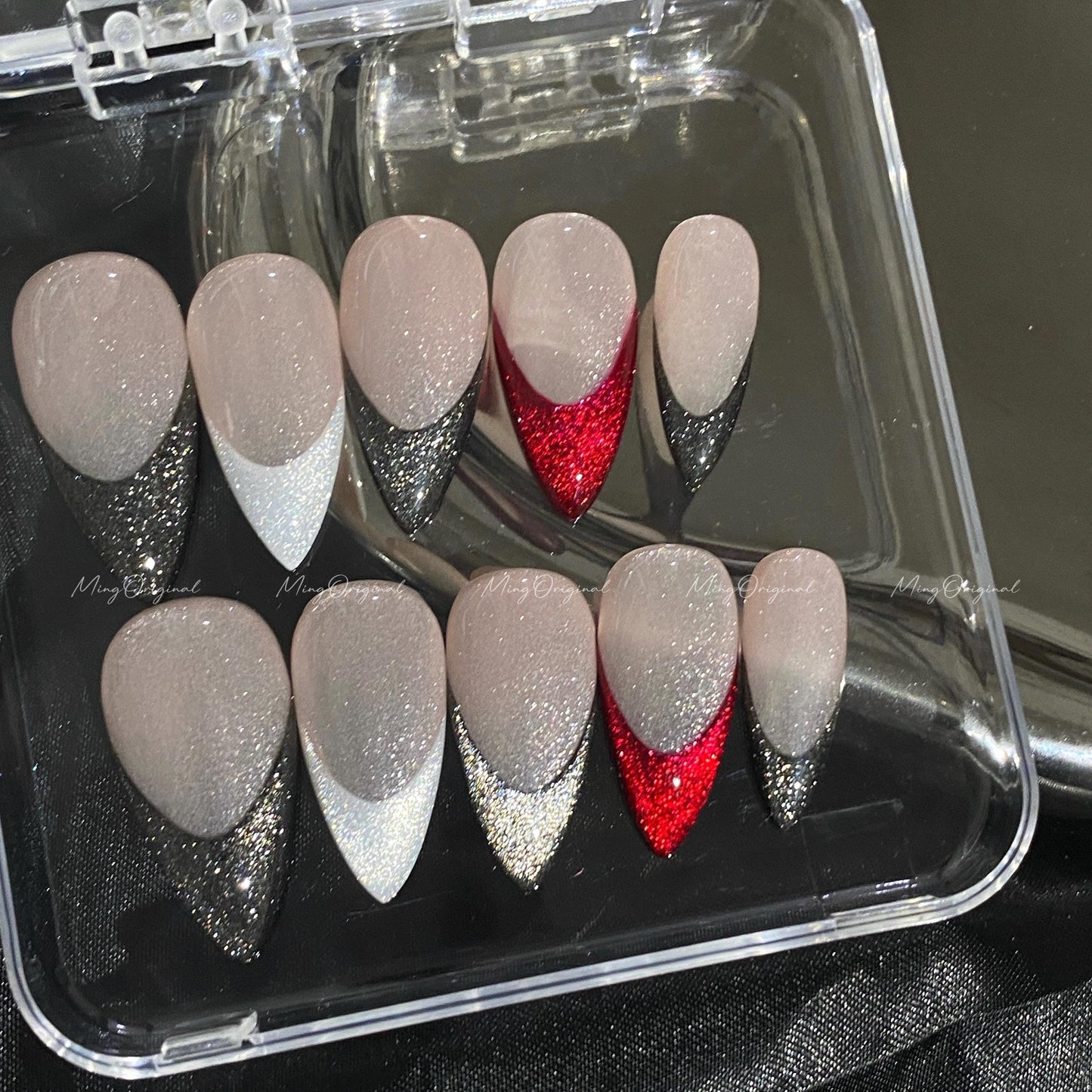 Midnight Deep black and silver cateye glitter French tips with bold red flame accent, nude cat eye base, glue on nail, gift for her,MO609