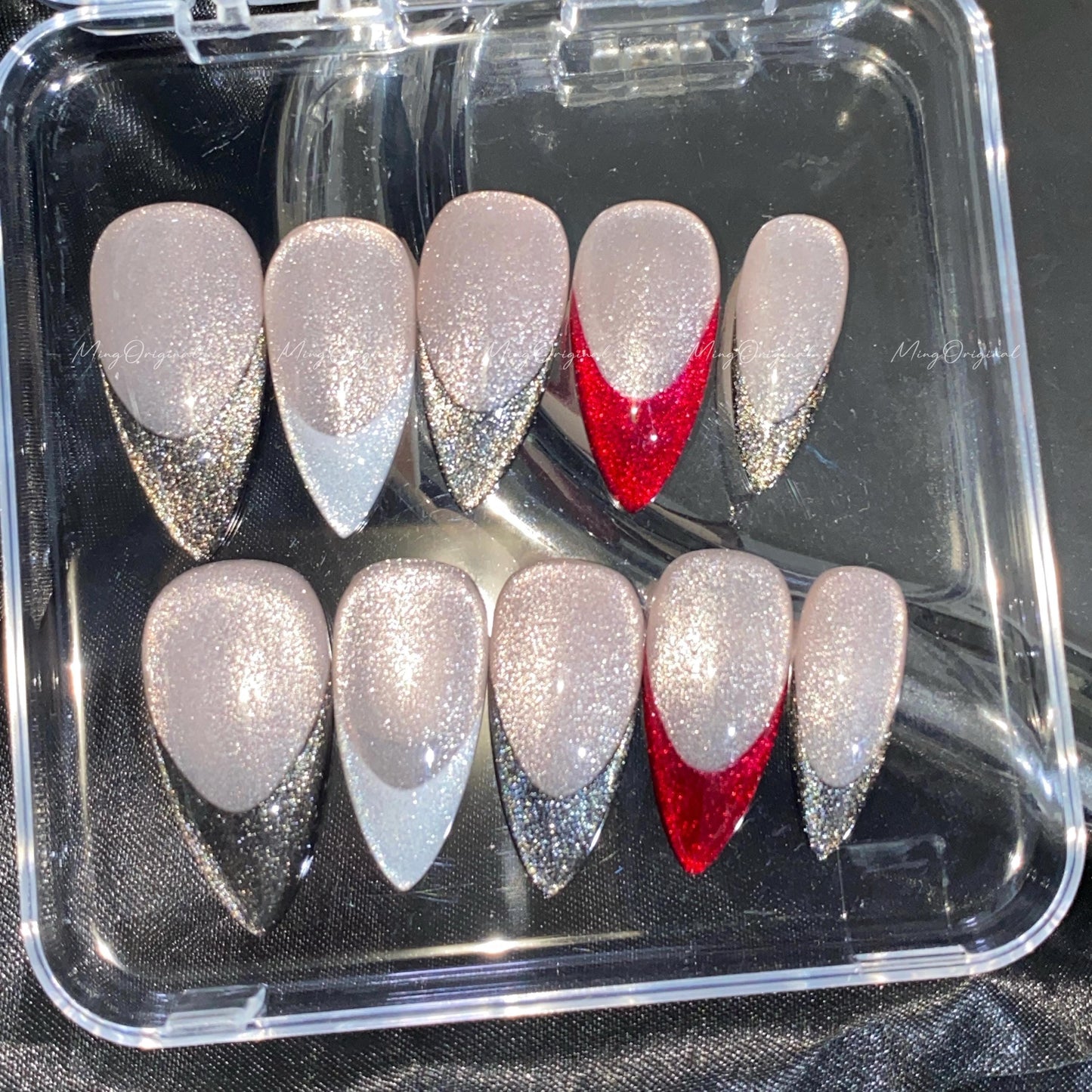 Midnight Deep black and silver cateye glitter French tips with bold red flame accent, nude cat eye base, glue on nail, gift for her,MO609