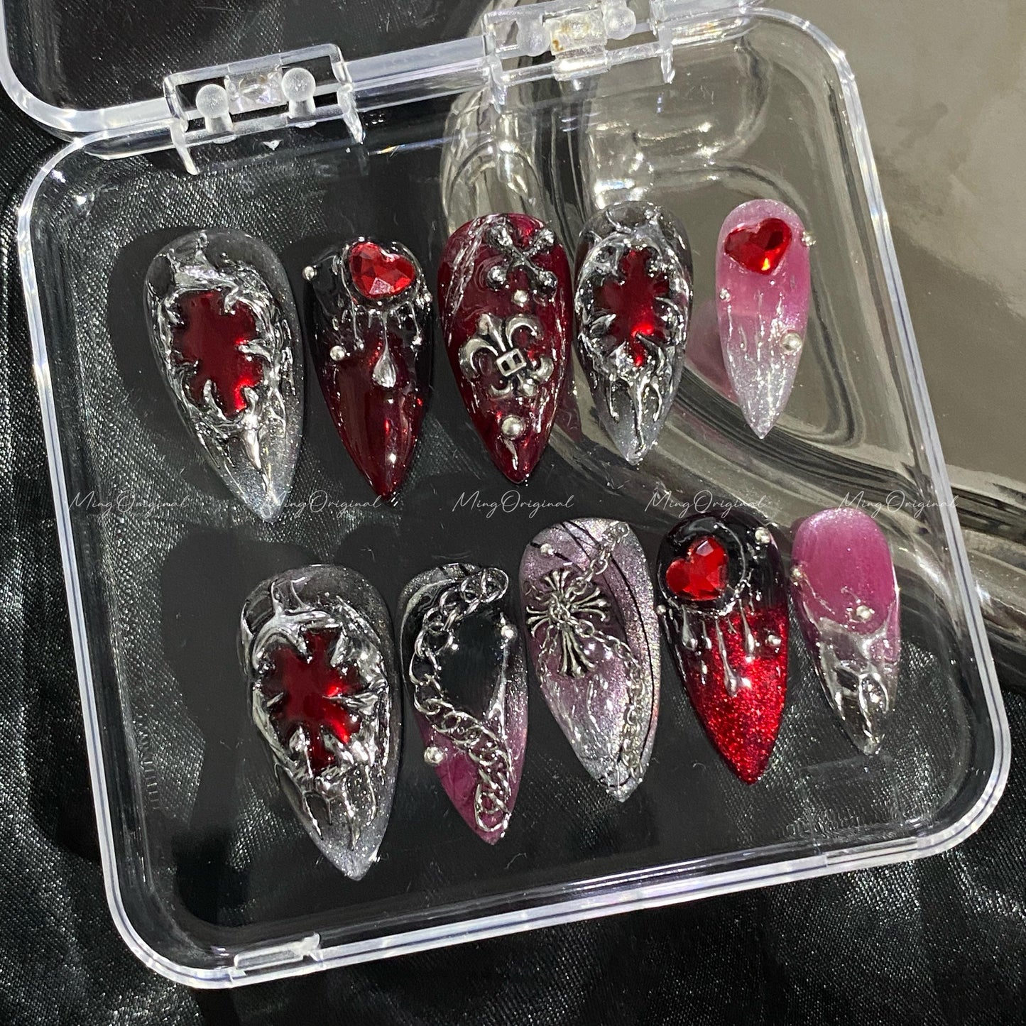 Mayhem Free style chrome mirror gothic Nail press on, red and black 3d Silver Metallic fake nail, holiday Halloween gift for her, MO610