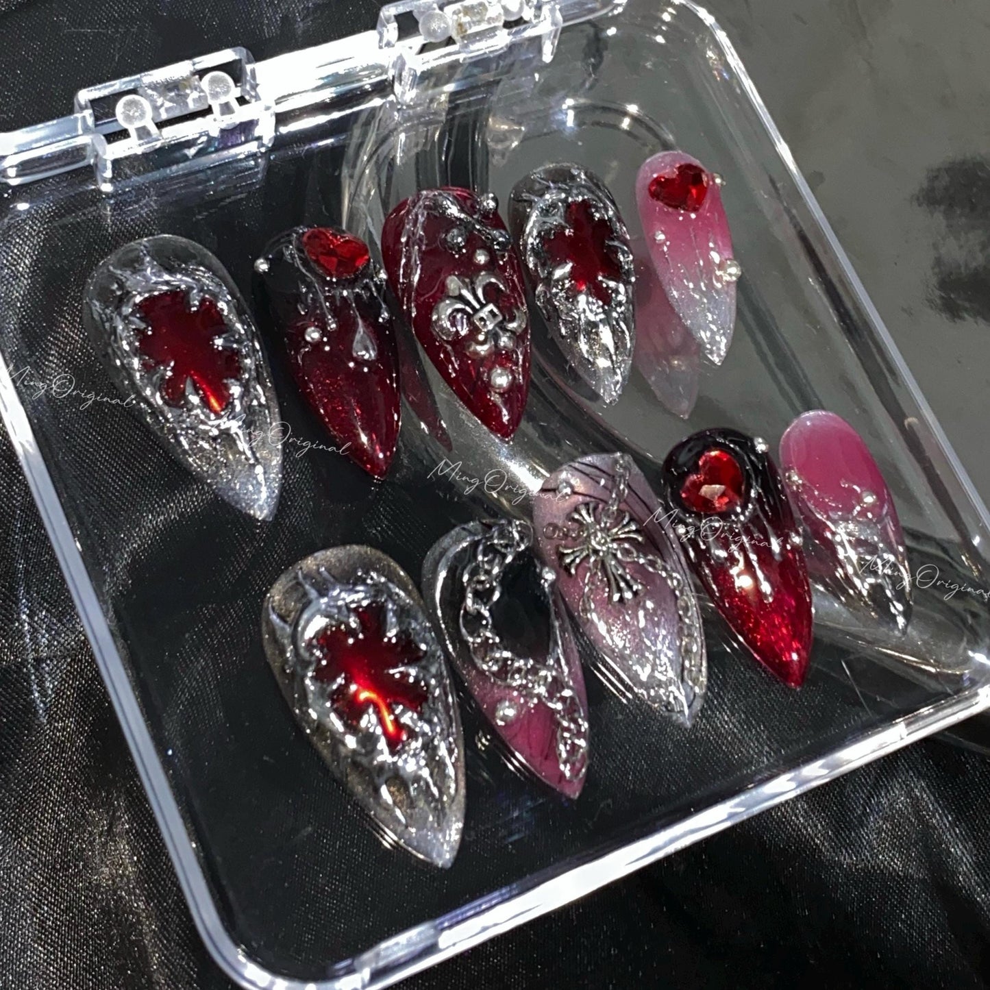 Mayhem Free style chrome mirror gothic Nail press on, red and black 3d Silver Metallic fake nail, holiday Halloween gift for her, MO610