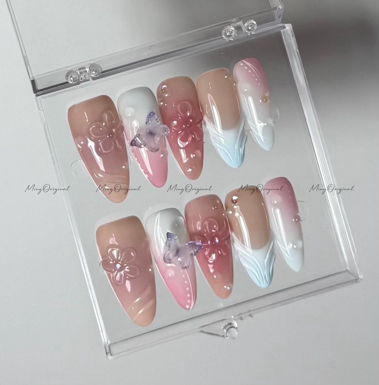 Dreamy Nude Pink Press on Nails, Sculpted Jelly Florals, 3D Butterfly, 3D flower Glossy Gradient pink blue, vacation gift for her,MO590