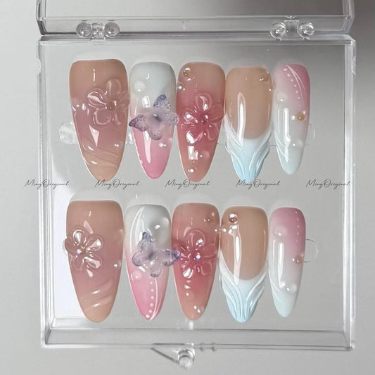 Dreamy Nude Pink Press on Nails, Sculpted Jelly Florals, 3D Butterfly, 3D flower Glossy Gradient pink blue, vacation gift for her,MO590