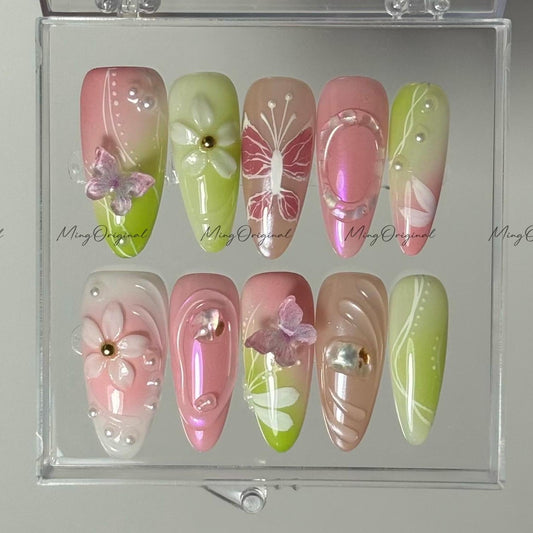Spring Garden Press on Nails, 3D Flowers, Butterfly Charms, Pearl Accent, Pink Green Jelly Gradient, Handmade nail, gift for her,MO591