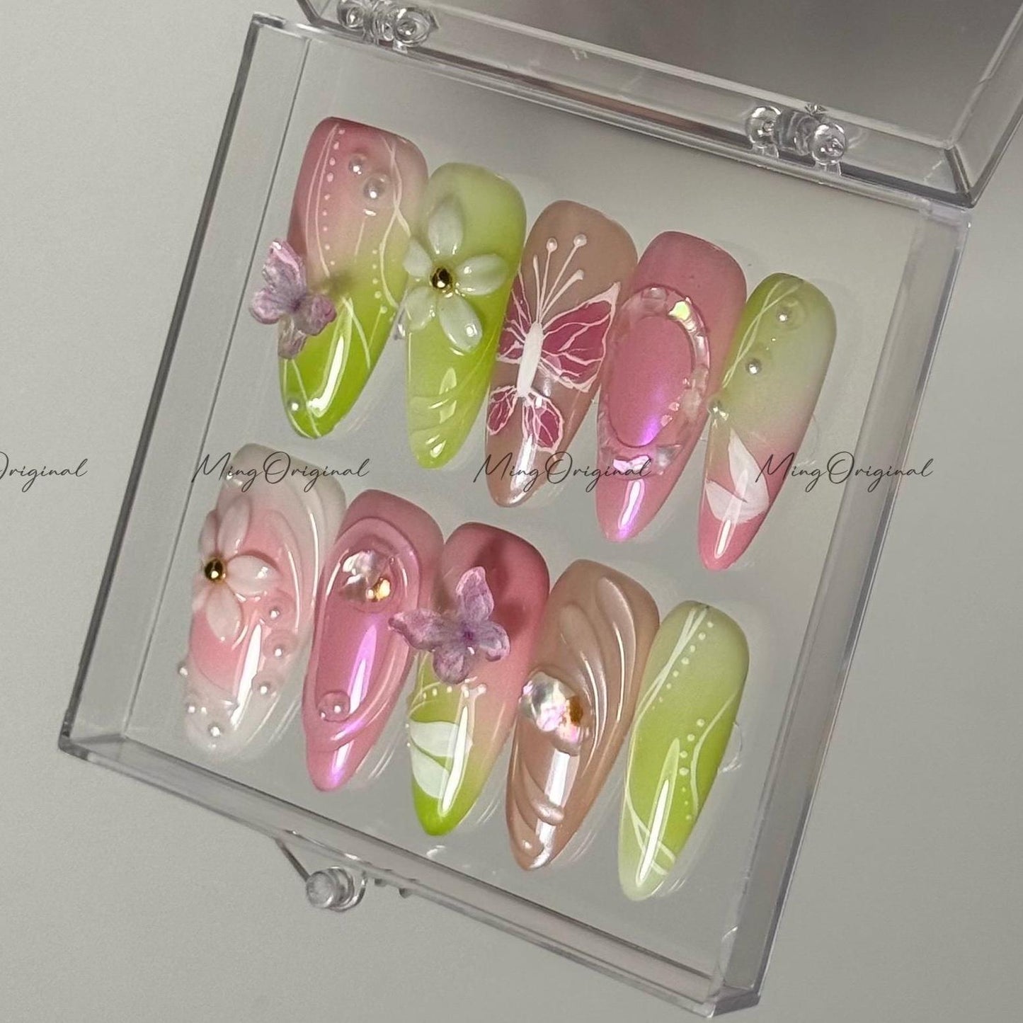 Spring Garden Press on Nails, 3D Flowers, Butterfly Charms, Pearl Accent, Pink Green Jelly Gradient, Handmade nail, gift for her,MO591