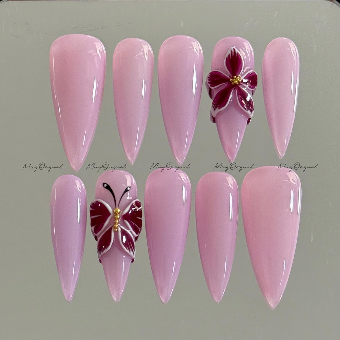 3D sculptured purple flower and butterfly Press on Nails, Free Style tropical Fairycore glue on nail, fake nail, gift for her, MO287
