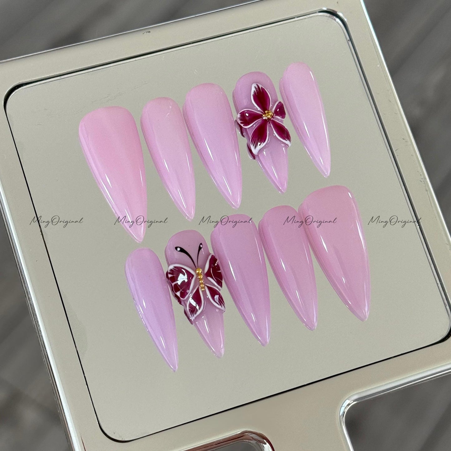 3D sculptured purple flower and butterfly Press on Nails, Free Style tropical Fairycore glue on nail, fake nail, gift for her, MO287