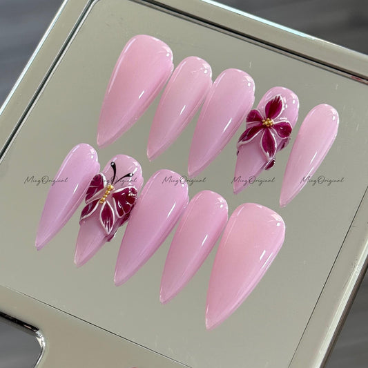3D sculptured purple flower and butterfly Press on Nails, Free Style tropical Fairycore glue on nail, fake nail, gift for her, MO287