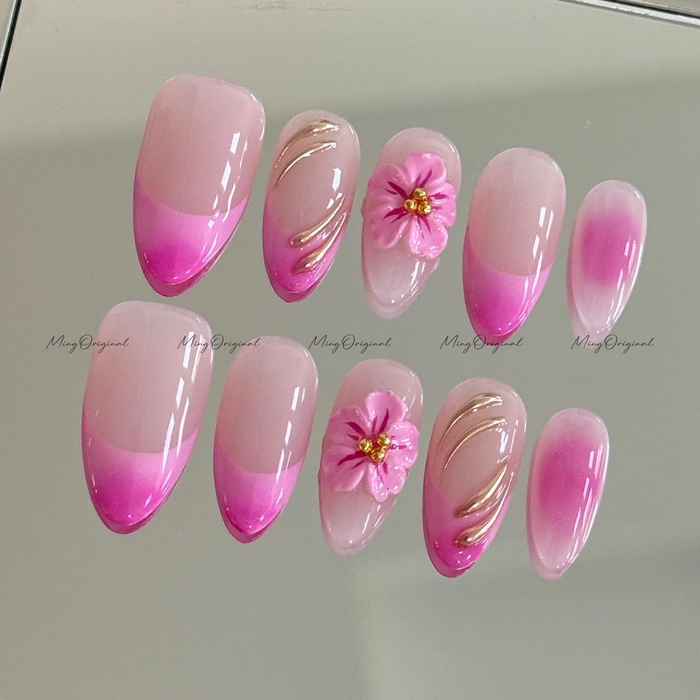 Pink Summer Flower 3D Free Style press on nails,Fairycore Floral Nail, Pink French Tip, Vibrant airbrush ombre